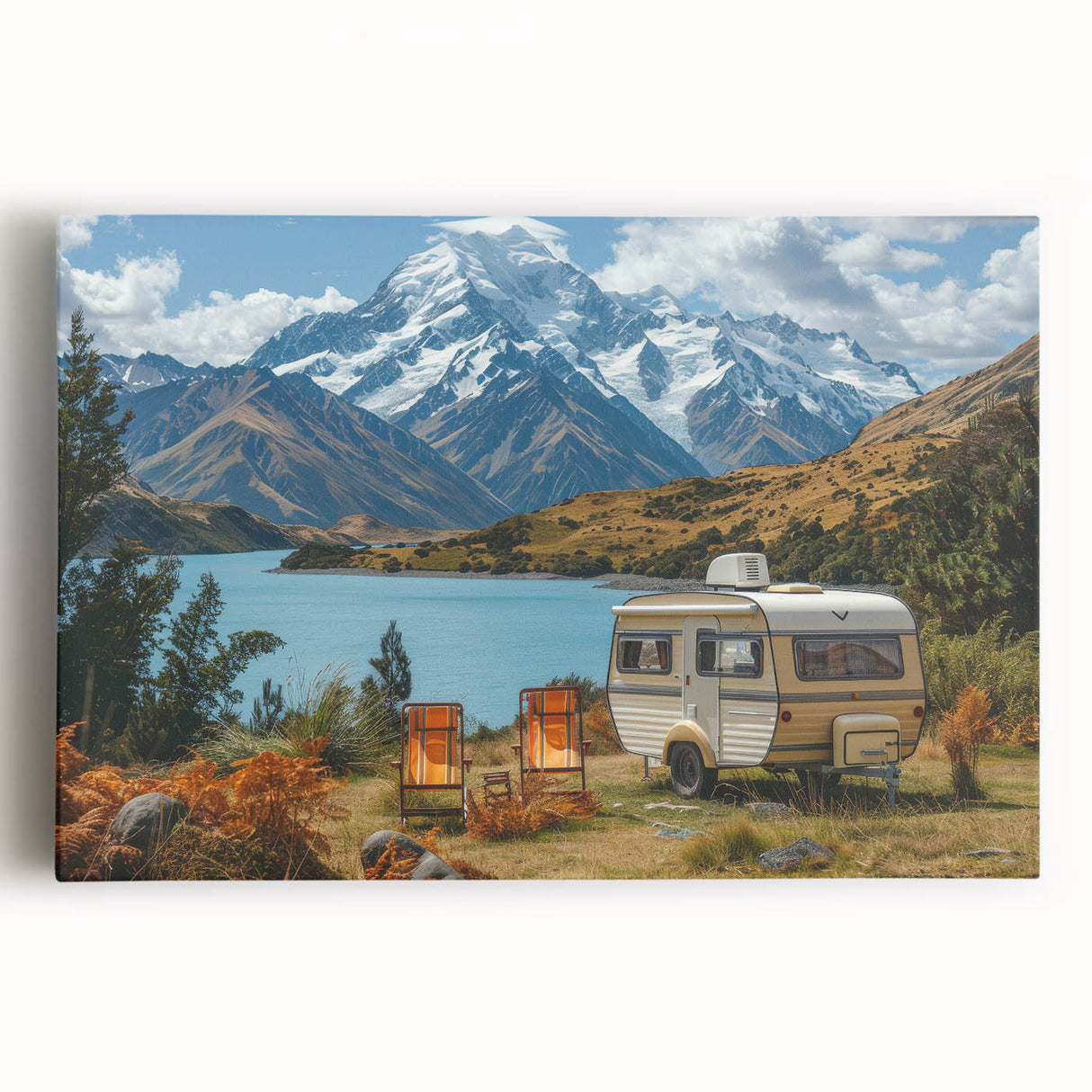 Black and white photo of a vintage caravan on a stretched canvas, suitable as large kitchen wall art.