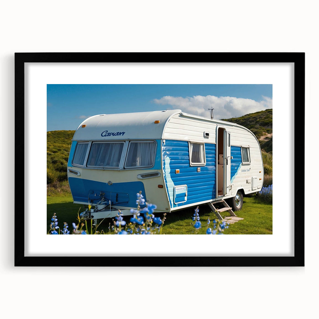Abstract art print of a colorful caravan in textured style, extra large for living room, framed in black.