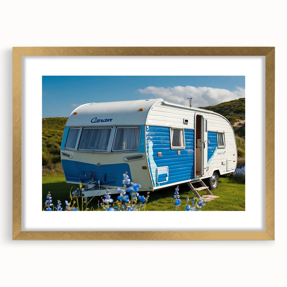 Textured abstract art print of a caravan in muted earth tones on a gold-framed canvas, suitable for bedroom decor.