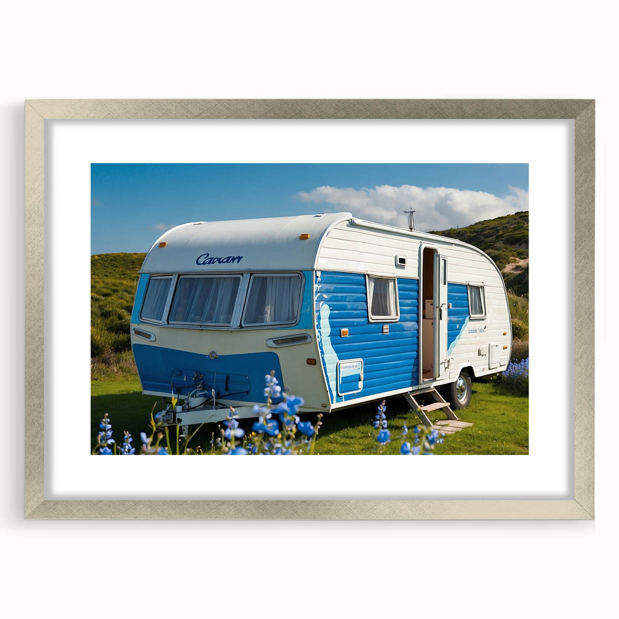 Abstract art print of a caravan in muted earth tones on a framed canvas, suited for dining room decor.