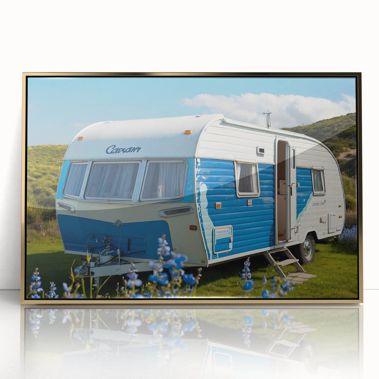 Mid-century modernist art deco poster of a caravan, in muted earth tones on framed acrylic, suitable for nursery wall art.