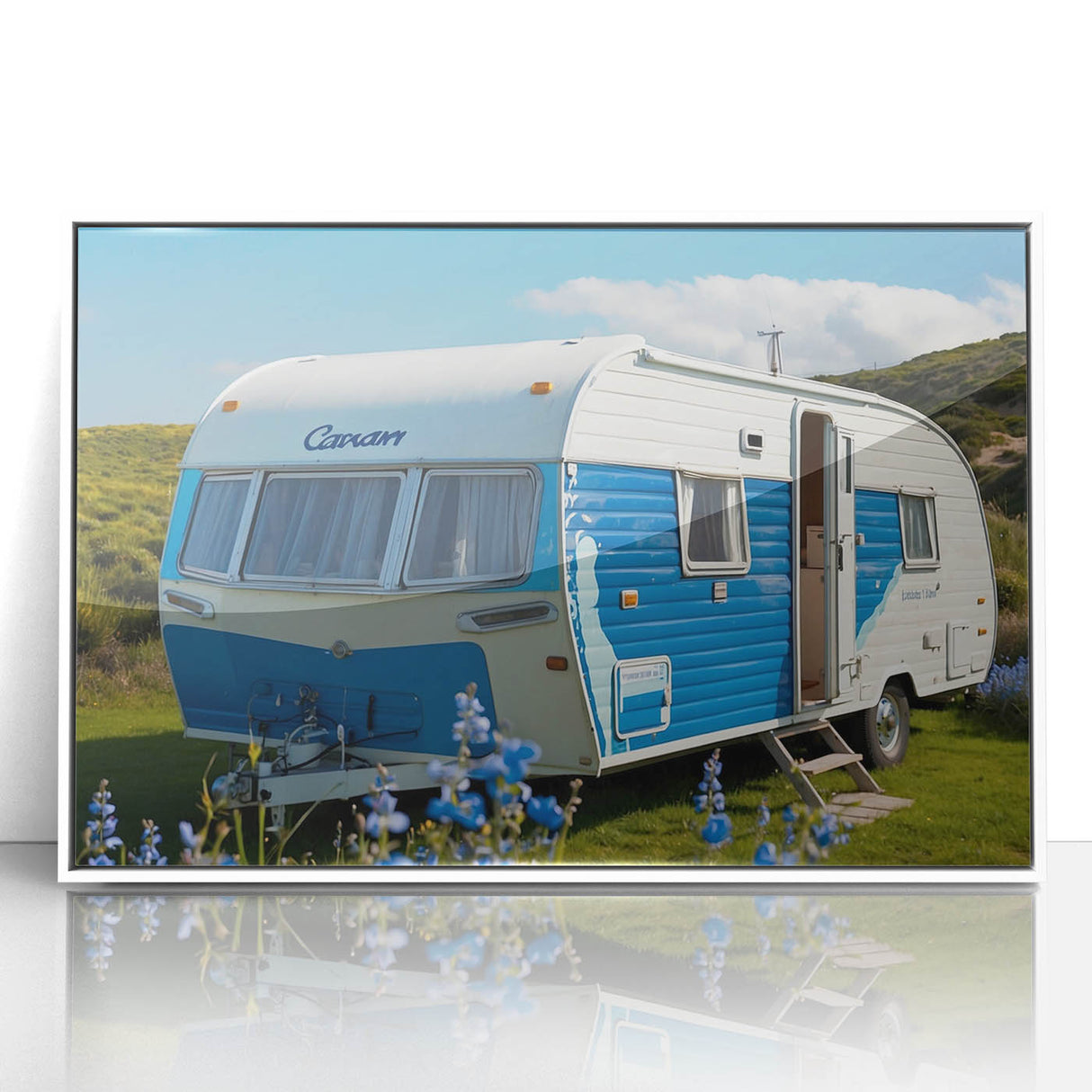 Mid-century modernist-style caravan depicted in vibrant hues on a large framed acrylic, ideal for nursery wall art.