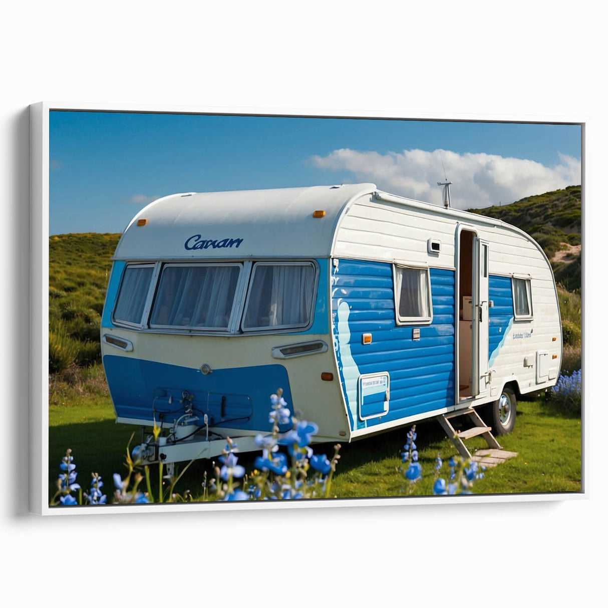 Framed canvas depicting a vintage black caravan in a landscape setting, ideal for bedroom wall decor.