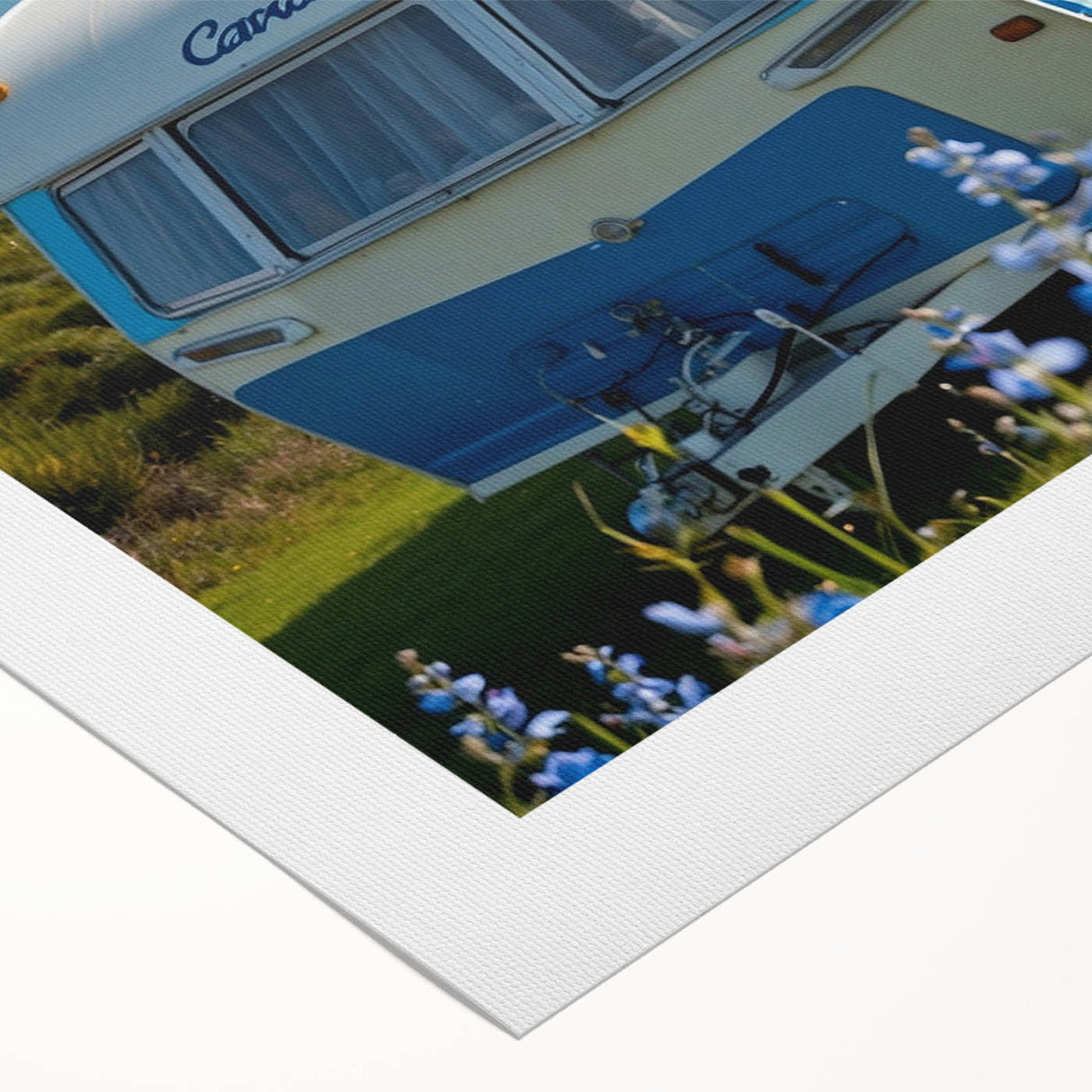 Art deco poster of a vintage caravan in muted earth tones on rolled canvas, suitable for dining room or bathroom decor.