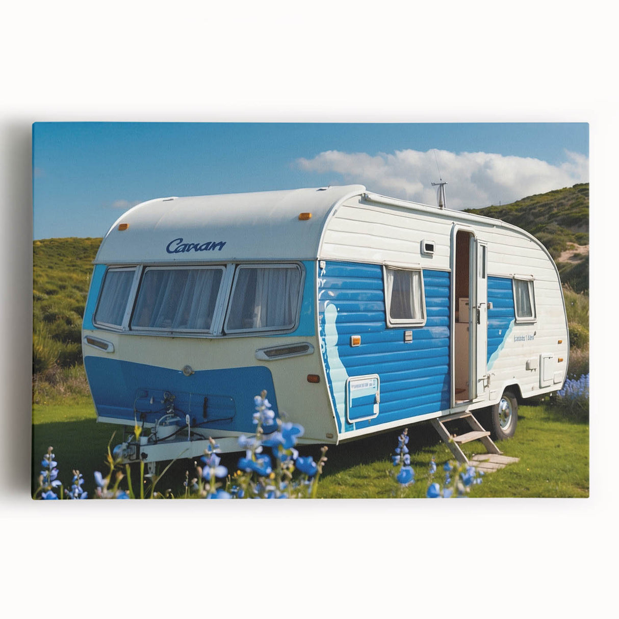 Black and white photo of a caravan on stretched canvas, suitable for kitchen wall art.