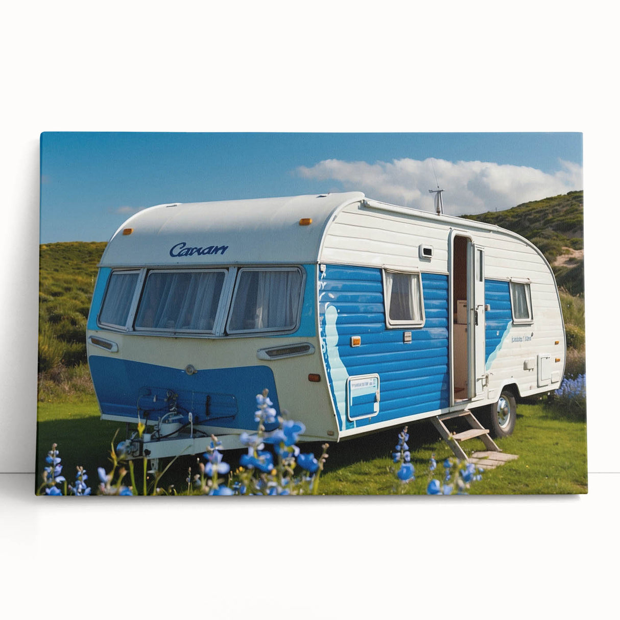 Black and white stretched canvas featuring a vintage caravan, ideal for kitchen wall art or bedroom decor.