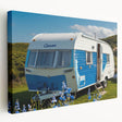 Side view of a vintage caravan in muted earth tones on stretched canvas, suitable for kitchen wall art.