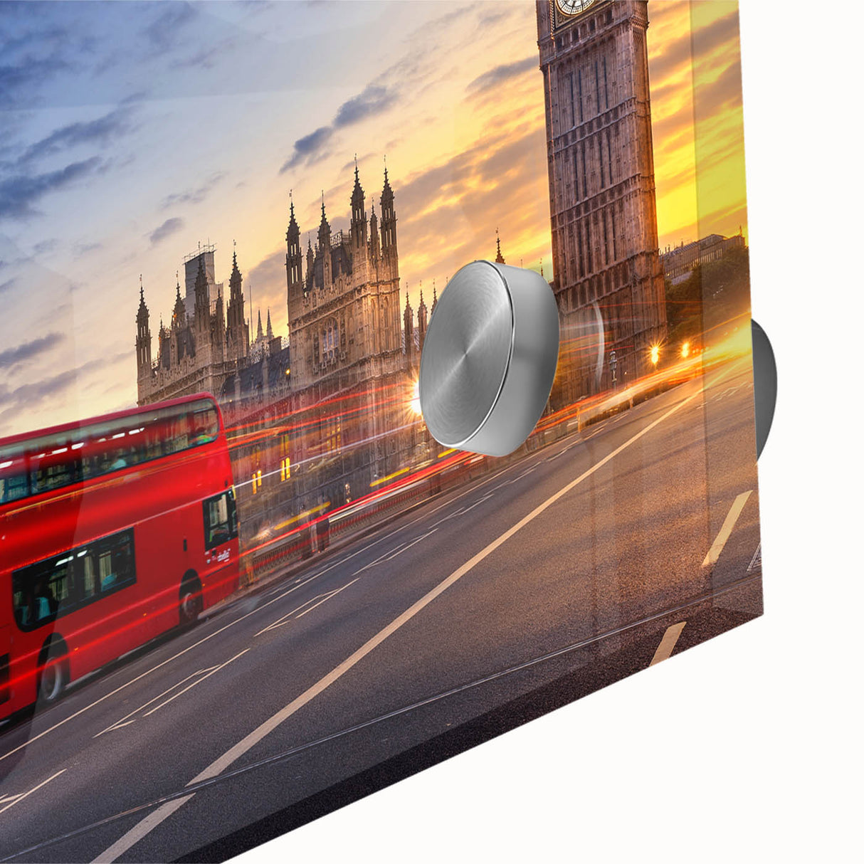 Large abstract wall art featuring mid-century modernist style vehicles in muted colors on acrylic glass.