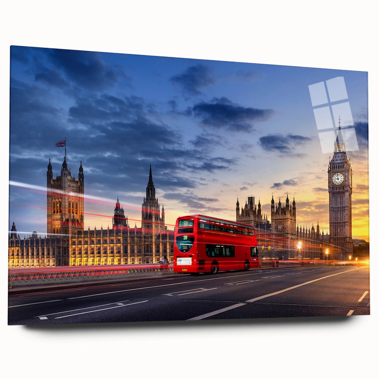 Acrylic print of colorful abstract vehicles, ideal for bedroom or dining room decor.