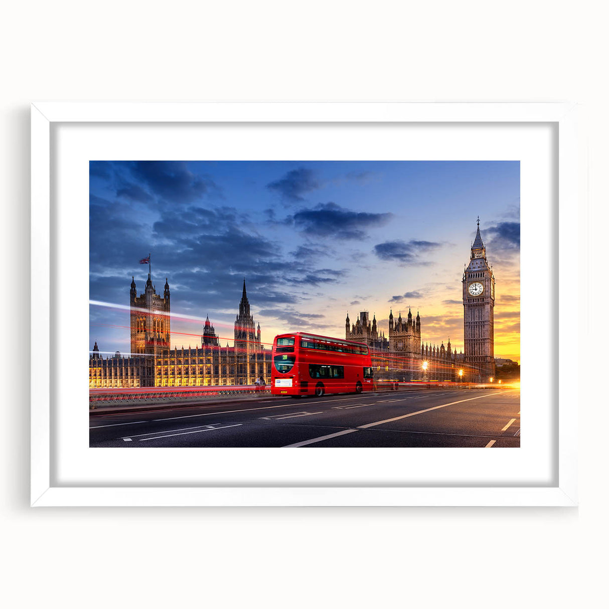 Abstract art print of assorted service vehicles in muted colors on a white framed canvas, suitable for dining room decor.