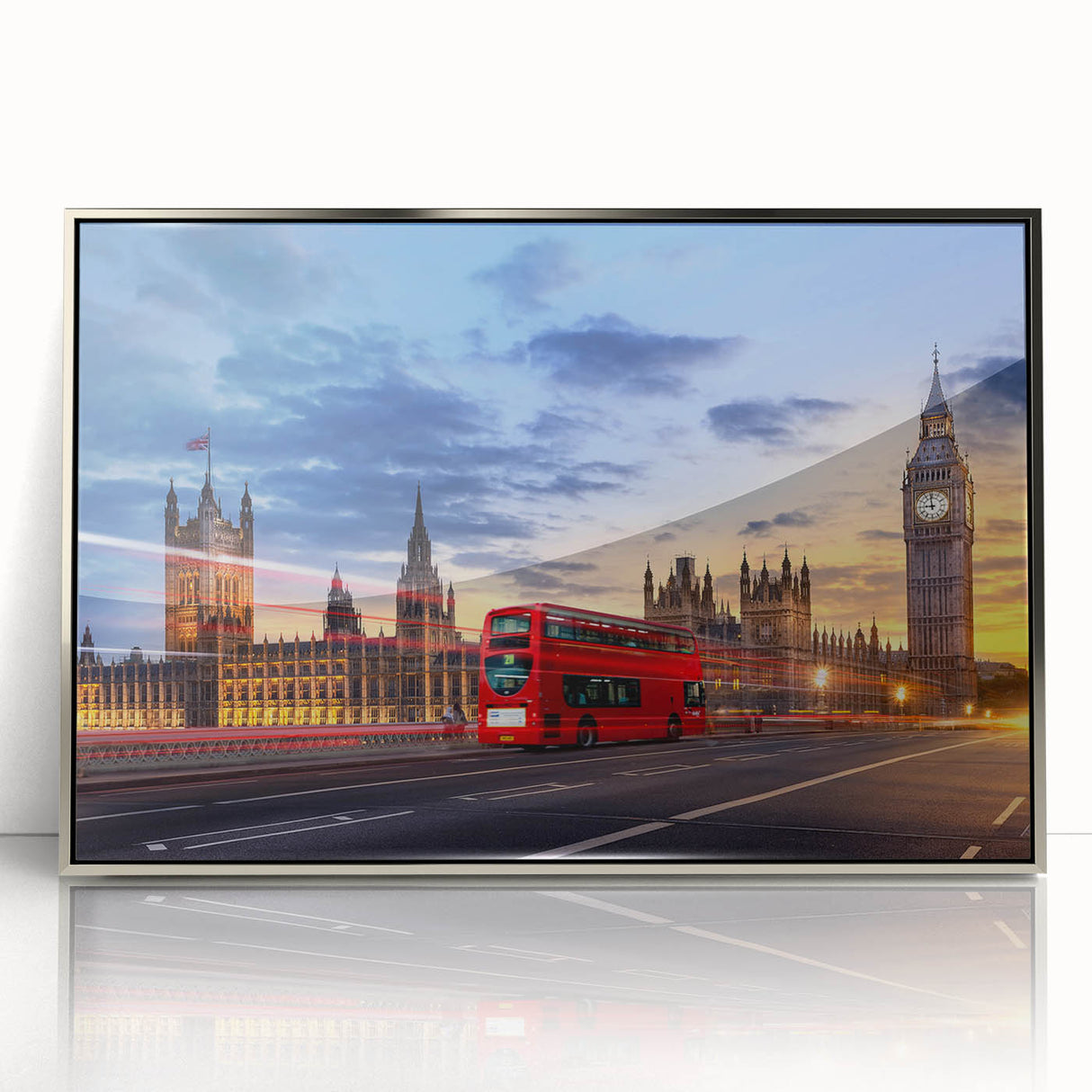 Mid-century modernist art depicting colorful service vehicles on a silver-framed acrylic, ideal for nursery wall art.