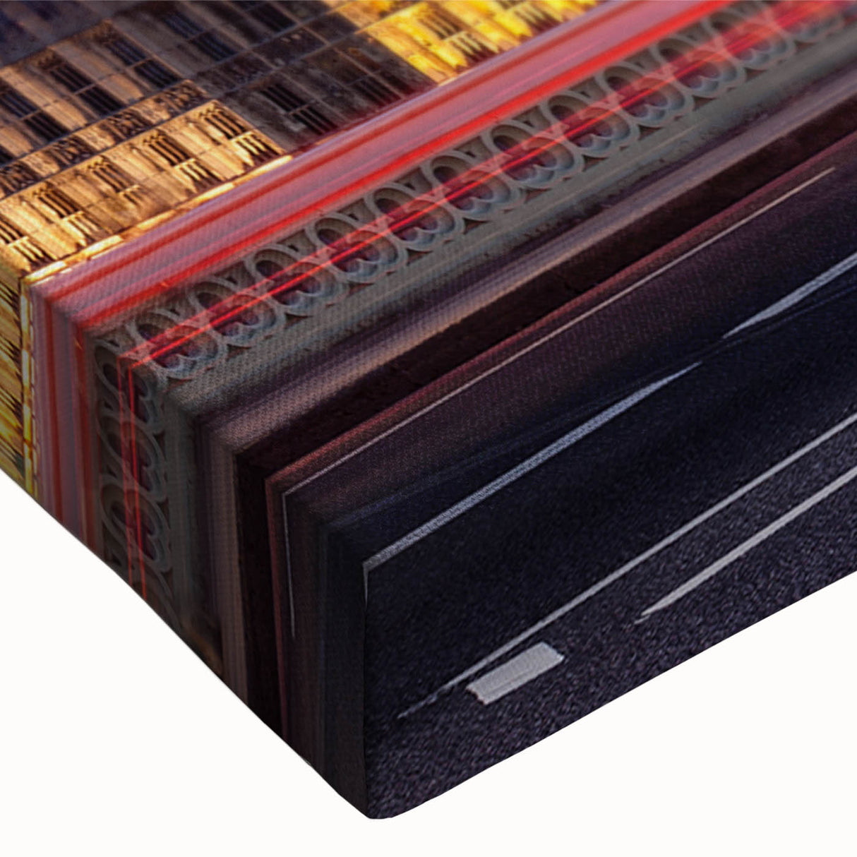 Black and white landscape art painting on stretched canvas featuring a detailed city transportation scene.