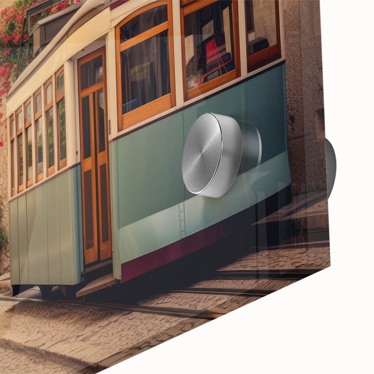 Large abstract wall art featuring assorted mid-century modernist service vehicles in muted colors on acrylic glass.