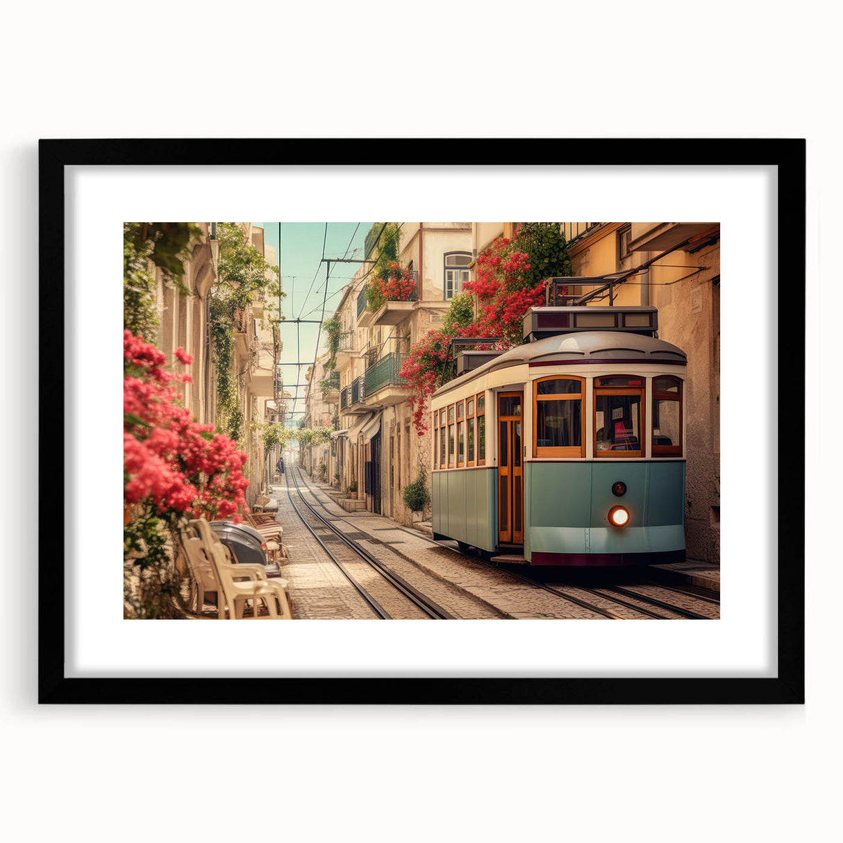 Extra large abstract art print featuring colorful, textured vehicles, on a black framed canvas, ideal for living room decor.