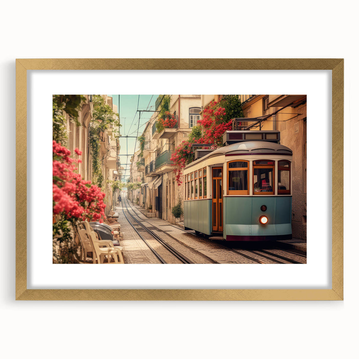 Extra large abstract art print featuring textured design of service vehicles in gold frame, ideal for living room decor.