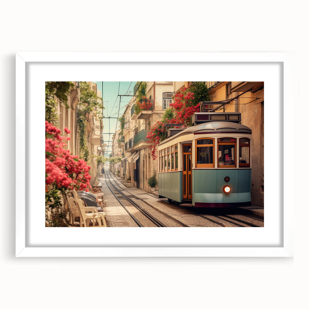 Abstract art print of assorted service vehicles in muted earth tones on a white framed canvas.