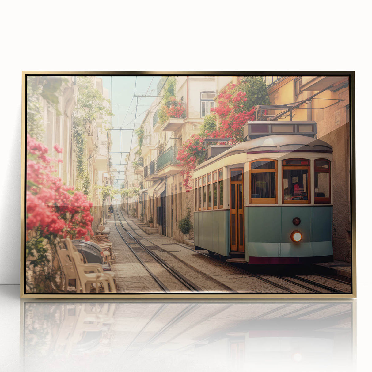 Mid-century modernist art print of various service vehicles in a grid format, framed in gold acrylic.