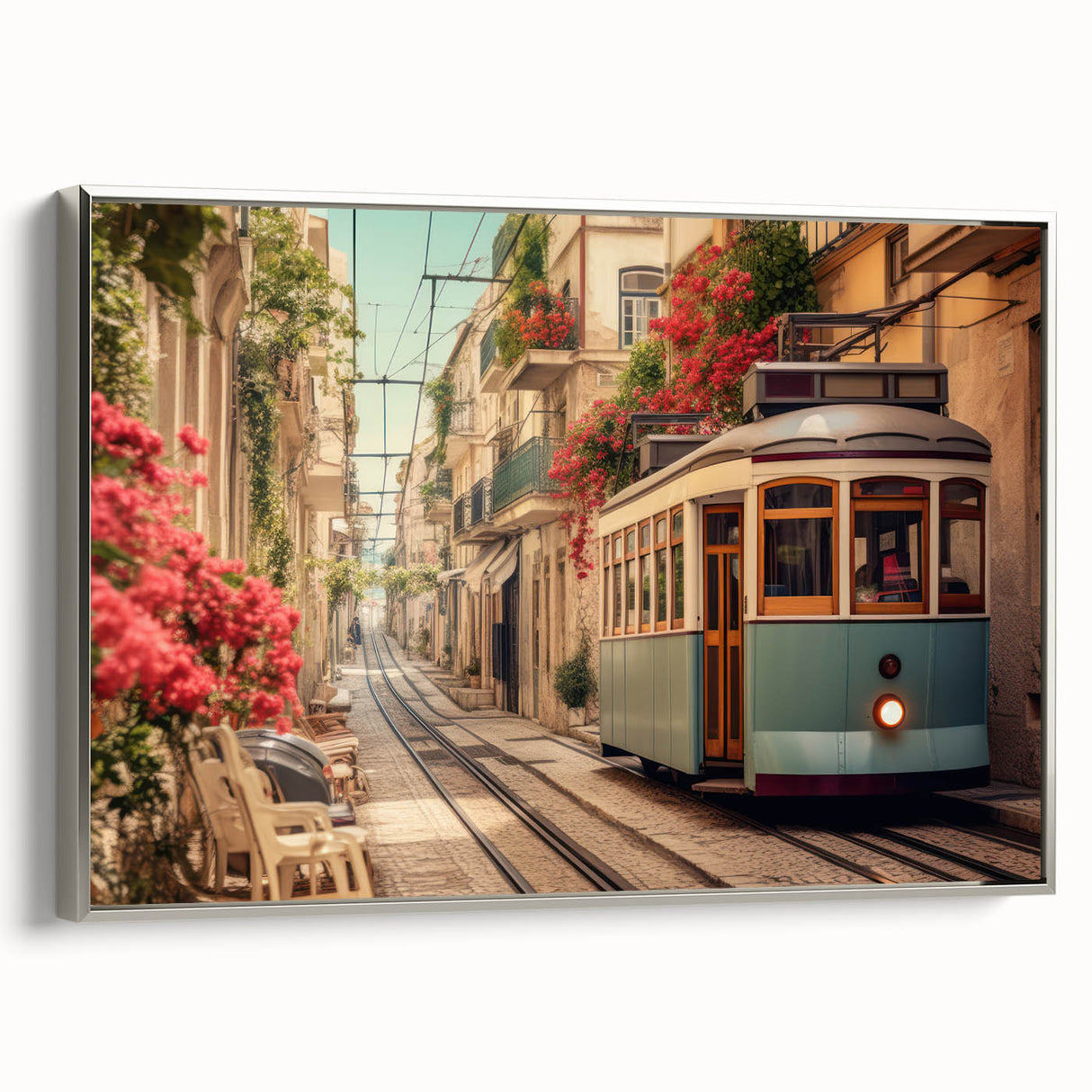 Framed canvas featuring a vintage poster of colorful landscape art paintings with various service vehicles.