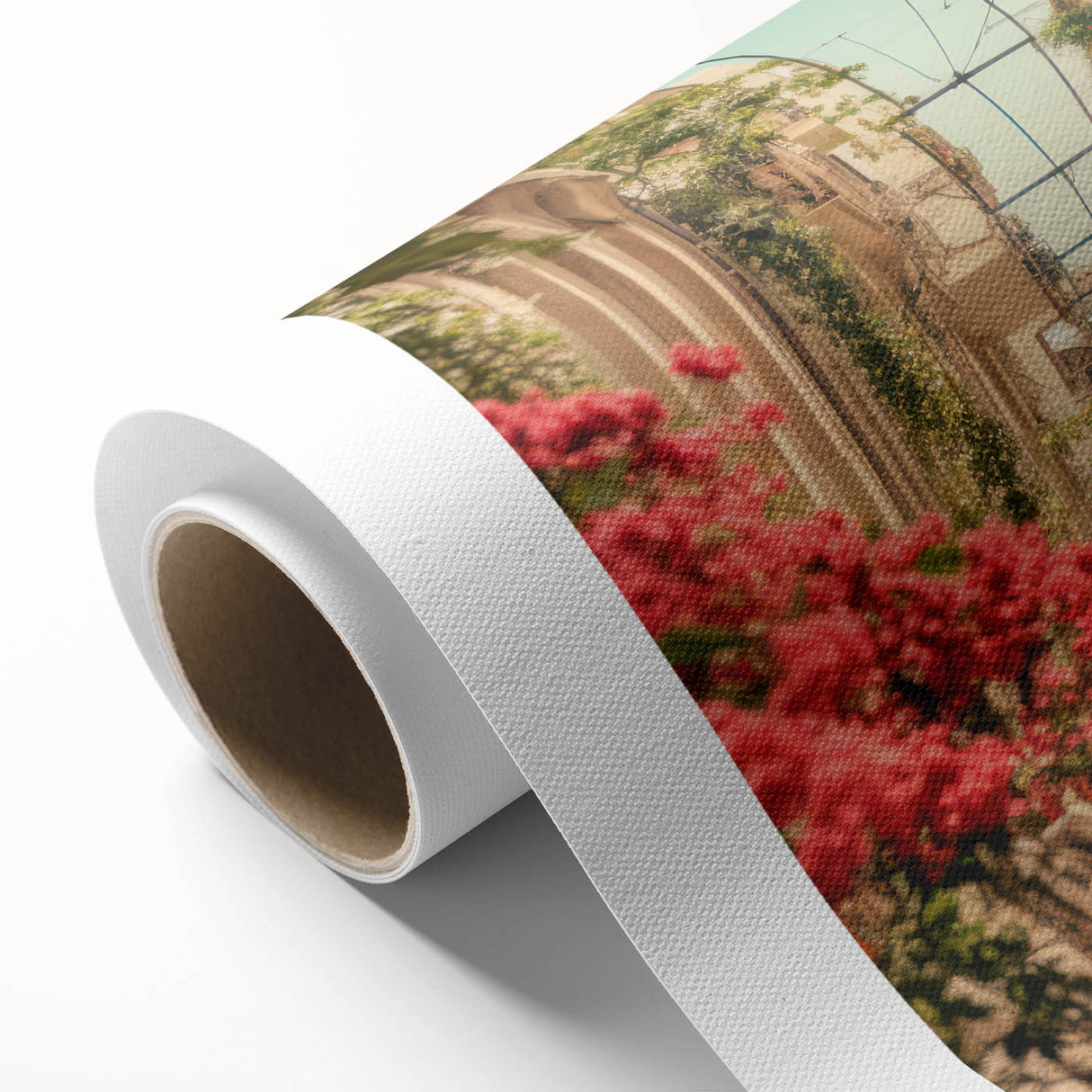 Art deco poster of colorful vintage vehicles on rolled canvas, suitable as nursery wall art or in a dining room.