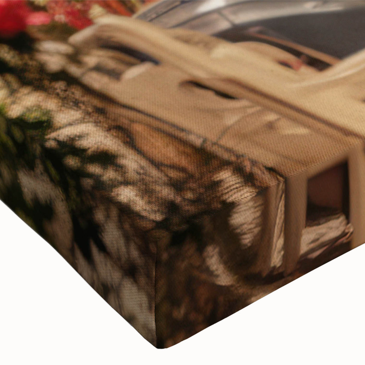 Black and white landscape art painting on stretched canvas featuring a detailed cityscape with service vehicles.