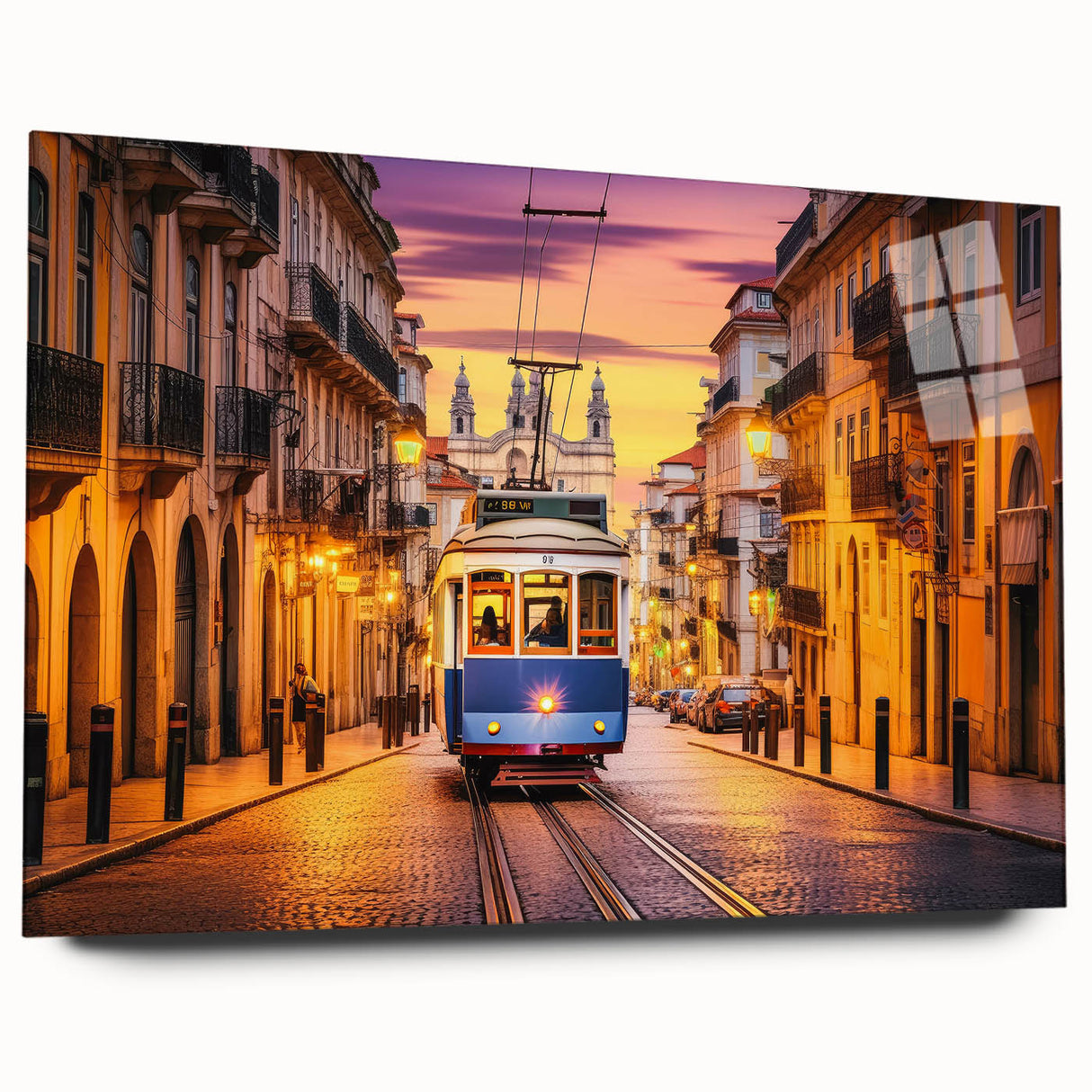 Acrylic print of abstract vehicles in vibrant blue and orange, ideal for bedroom or dining room art.