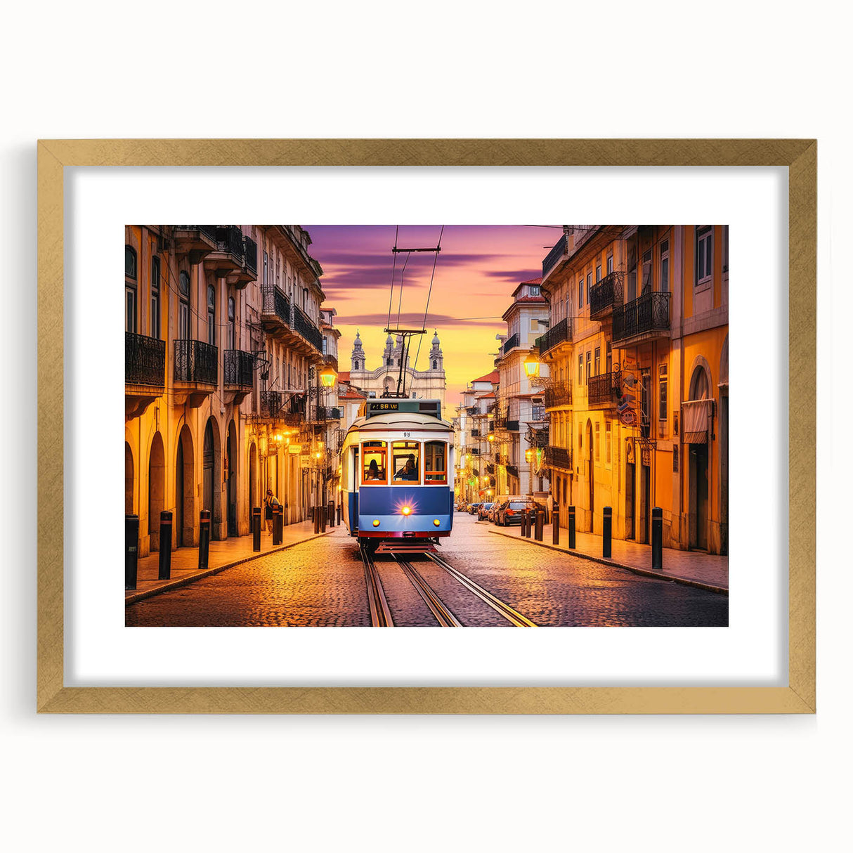 Extra large abstract art print of service vehicles, using textured strokes in cool gray tones, framed in gold.