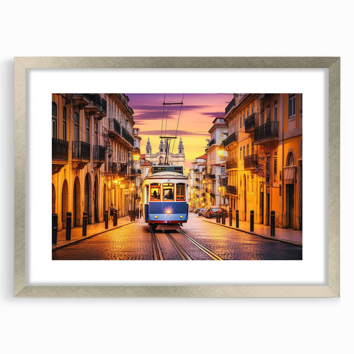 Abstract textured art print of service vehicles in muted gray and blue tones on a framed poster.