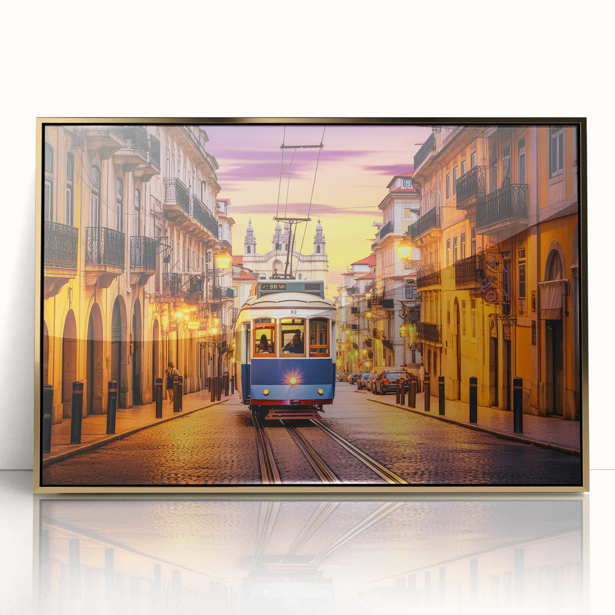 Mid-century modernist art featuring a collection of stylized service vehicles in muted colors on a framed acrylic print.