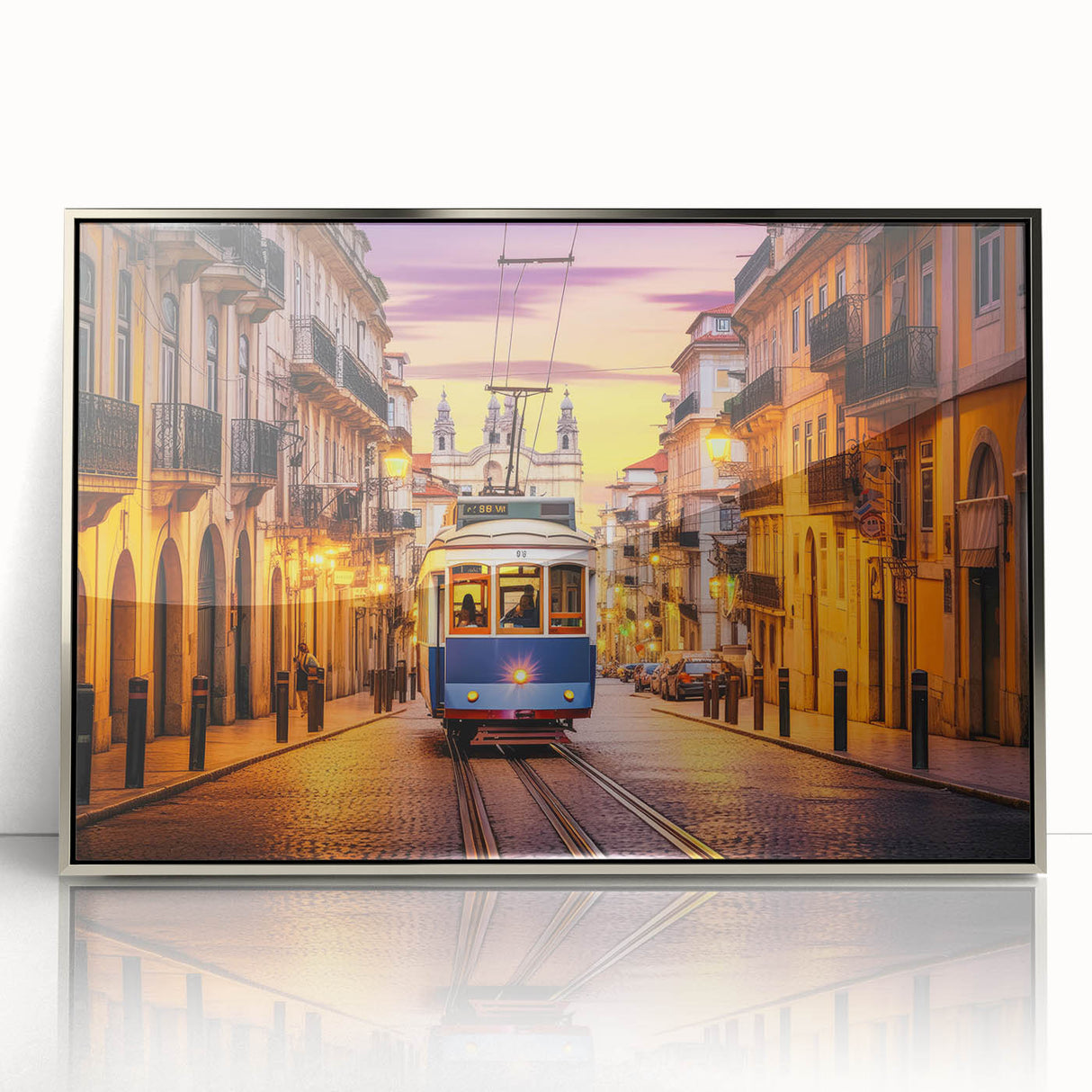 Mid-century modernist art of a silver service vehicle on a framed acrylic, in muted gray, ideal for nursery wall art.