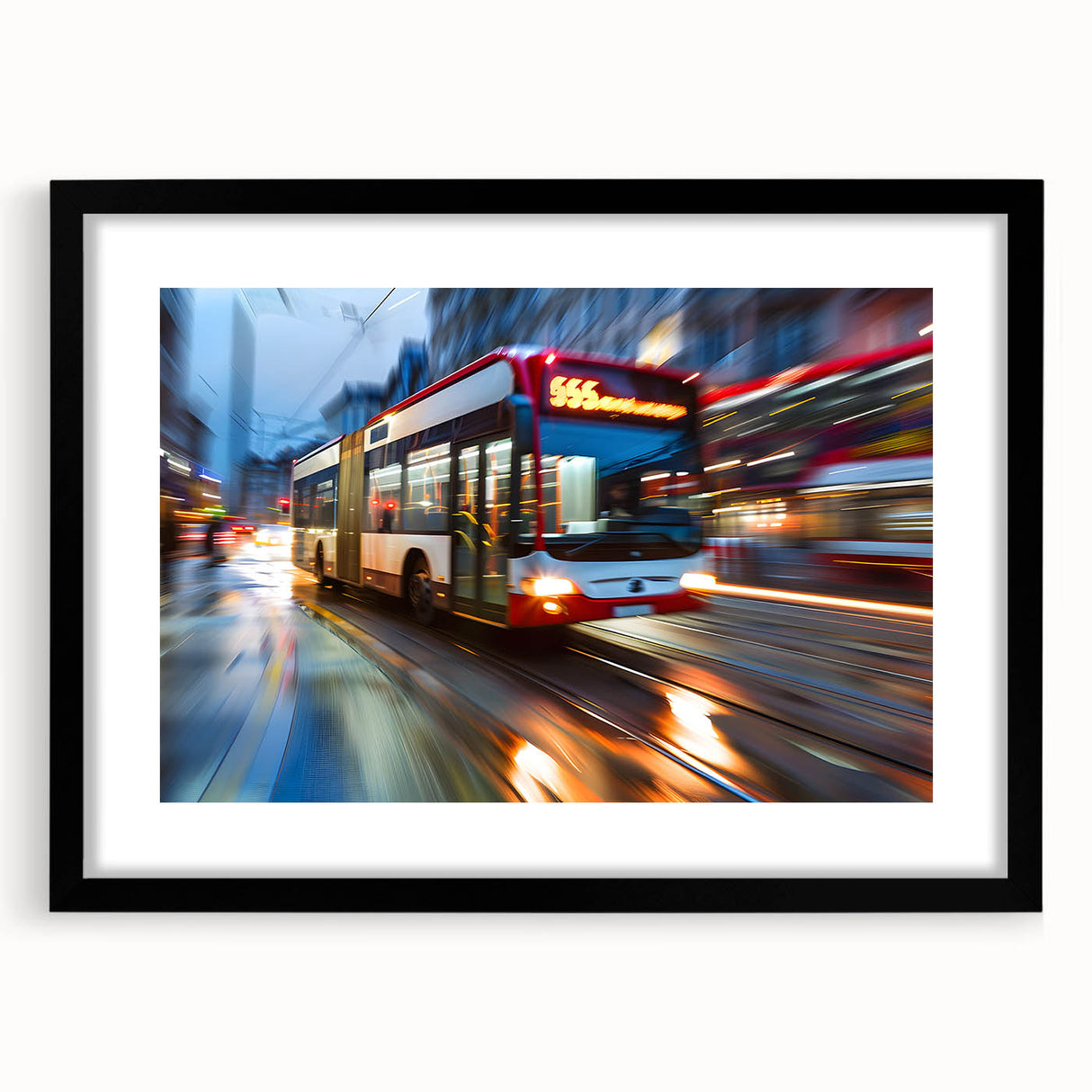 Extra large abstract art print of colorful, textured service vehicles on a black framed canvas, ideal for living room decor.