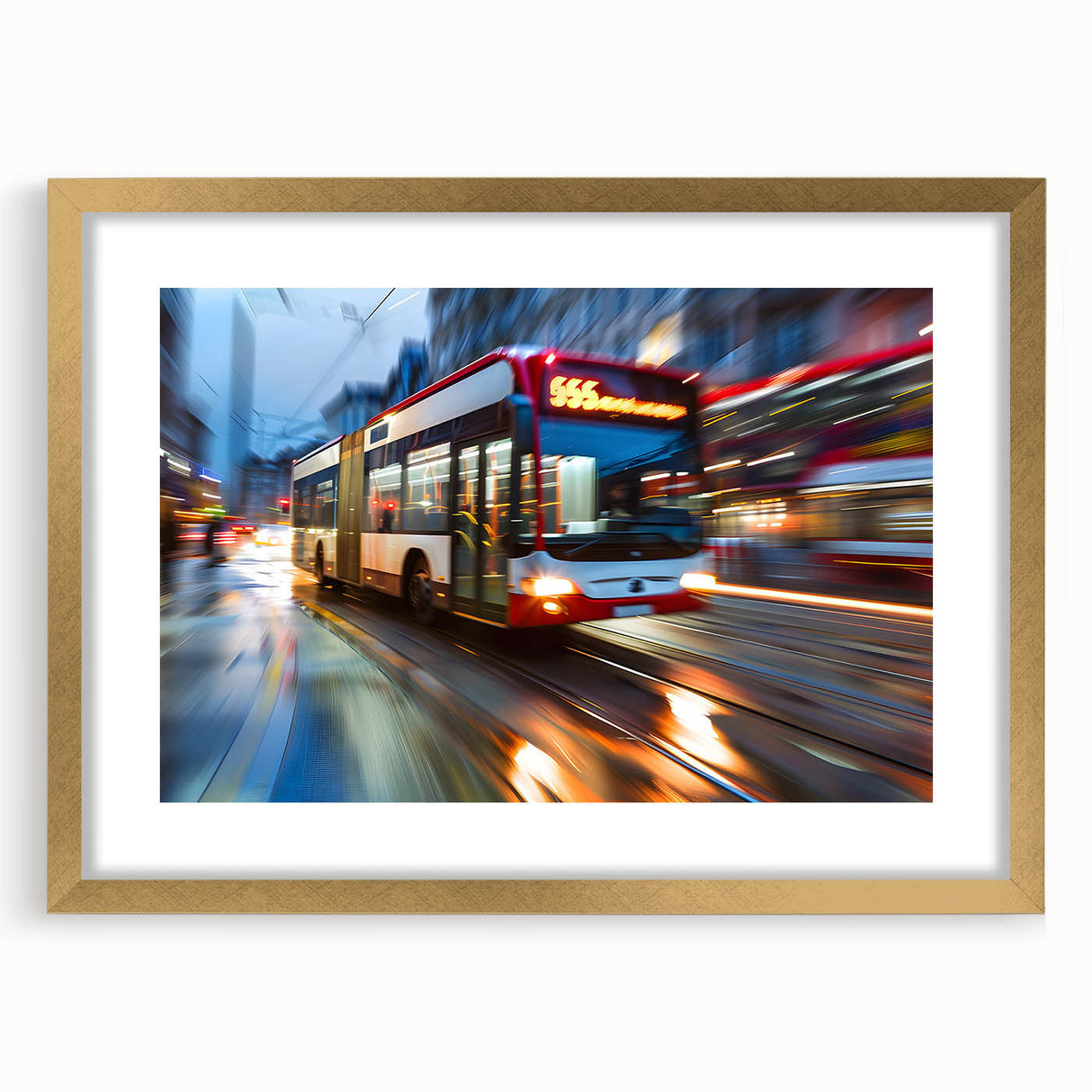 Extra large abstract art print featuring textured, multicolored service vehicles, framed in gold.