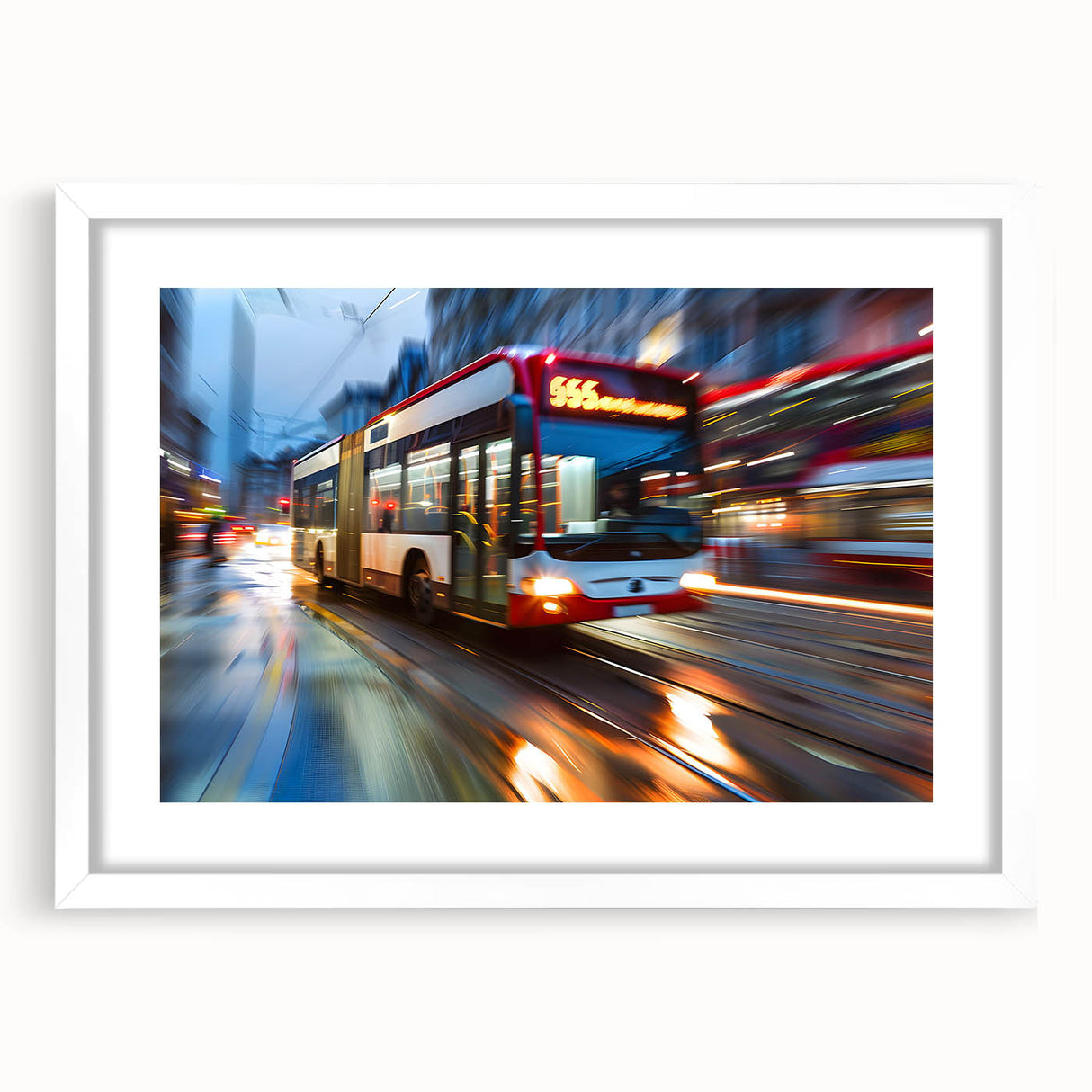 Abstract art print of colorful service vehicles, framed in white, ideal for dining room decor.