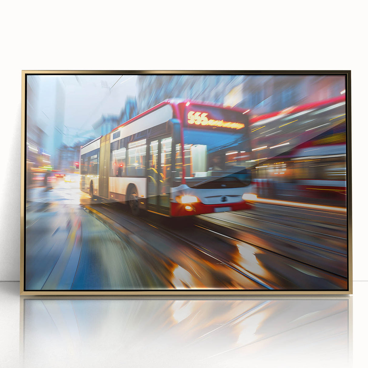 Mid-century modernist art featuring assorted service vehicles in muted colors on a framed acrylic.