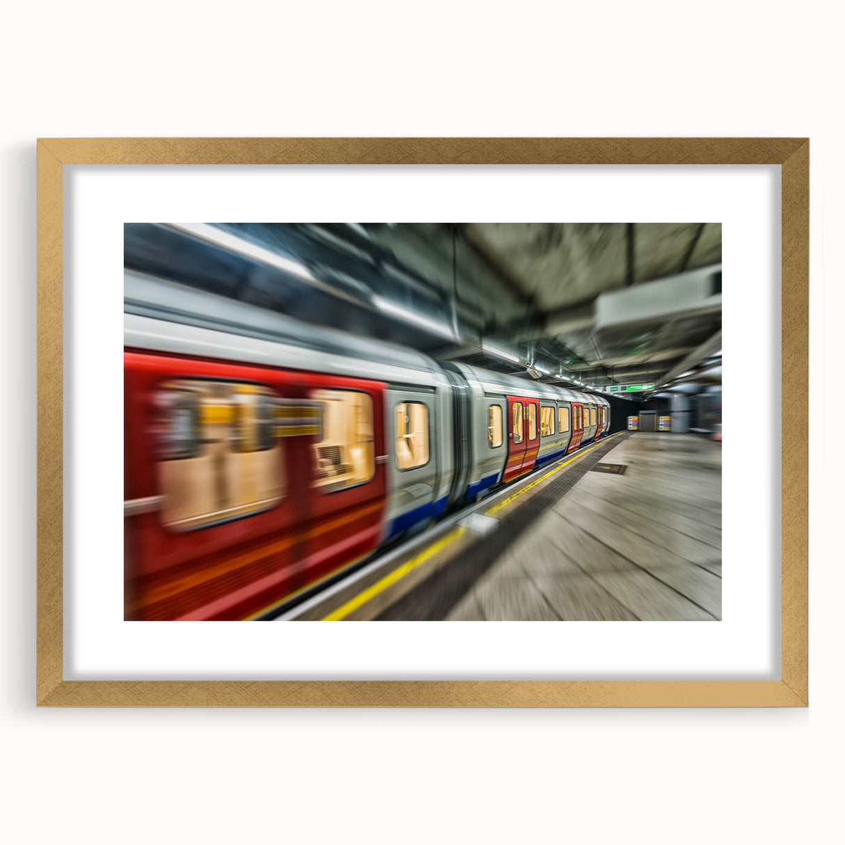 Extra large abstract art print of a subway scene, using textured strokes in muted tones, framed in gold.
