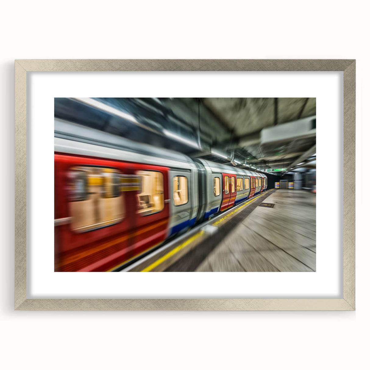 Textured abstract art print of a subway in muted grays and blues, framed in silver, ideal for modern bedroom decor.