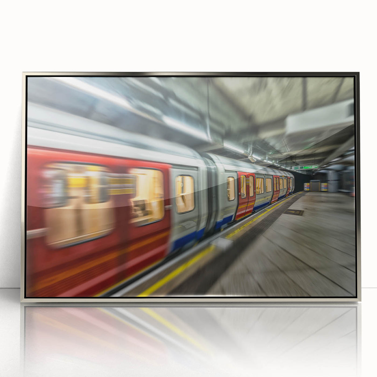Mid-century modernist art deco subway design in a silver-framed acrylic print, featuring muted gray and blue tones.