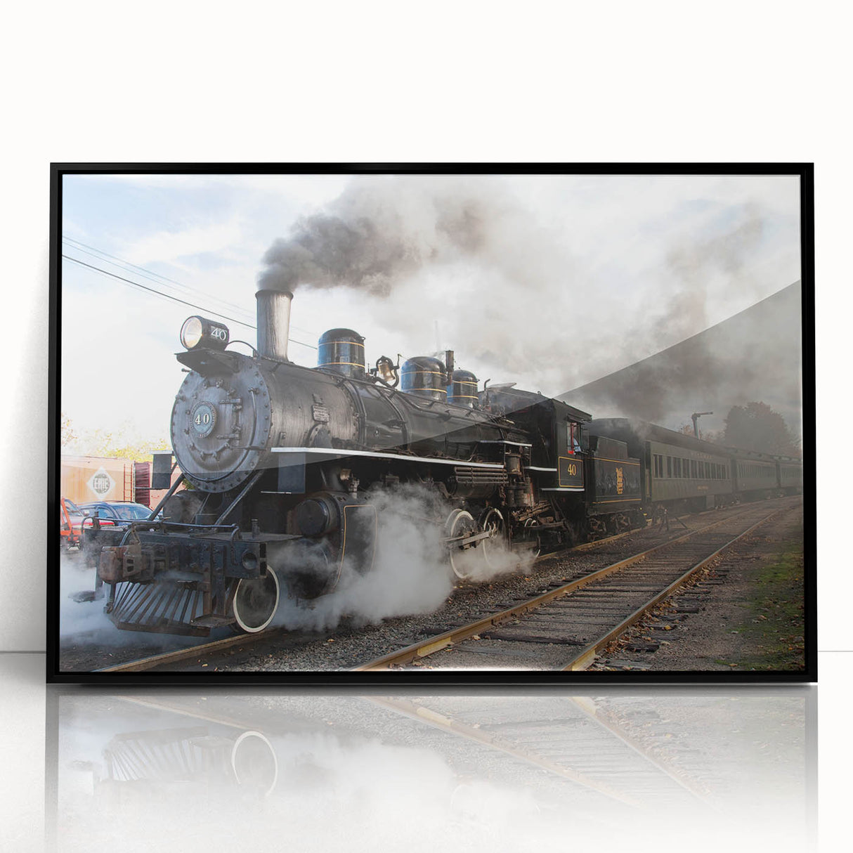 Framed acrylic print featuring a large abstract depiction of trains in muted earth tones, ideal for modern art wall decor.