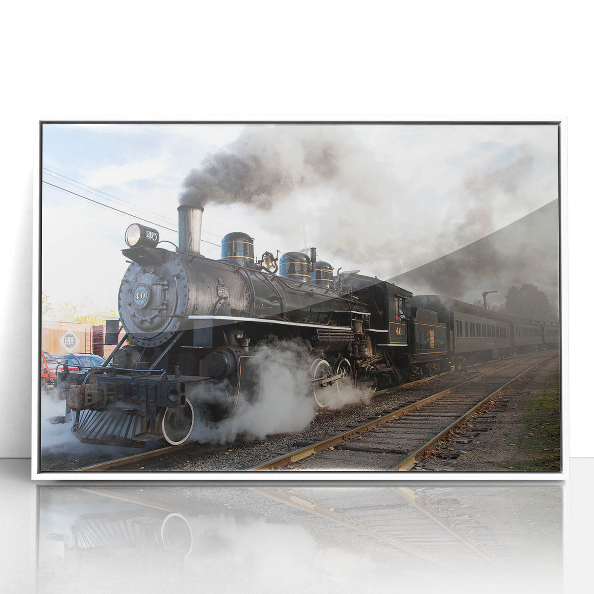 Art deco train poster in muted gray and blue tones, framed acrylic, ideal for nursery wall art.