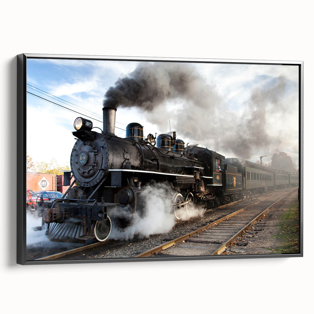 Black and white vintage train landscape on framed canvas, ideal for bedroom wall art.