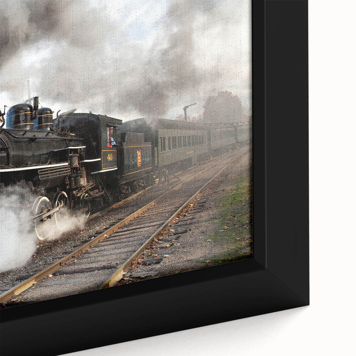 Black wall art featuring a textured train design in colorful art style on an extra-large framed canvas.