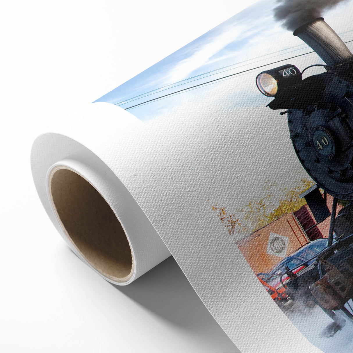 Art deco train illustration in muted blues and greens on a rolled canvas, ideal for nursery wall art.