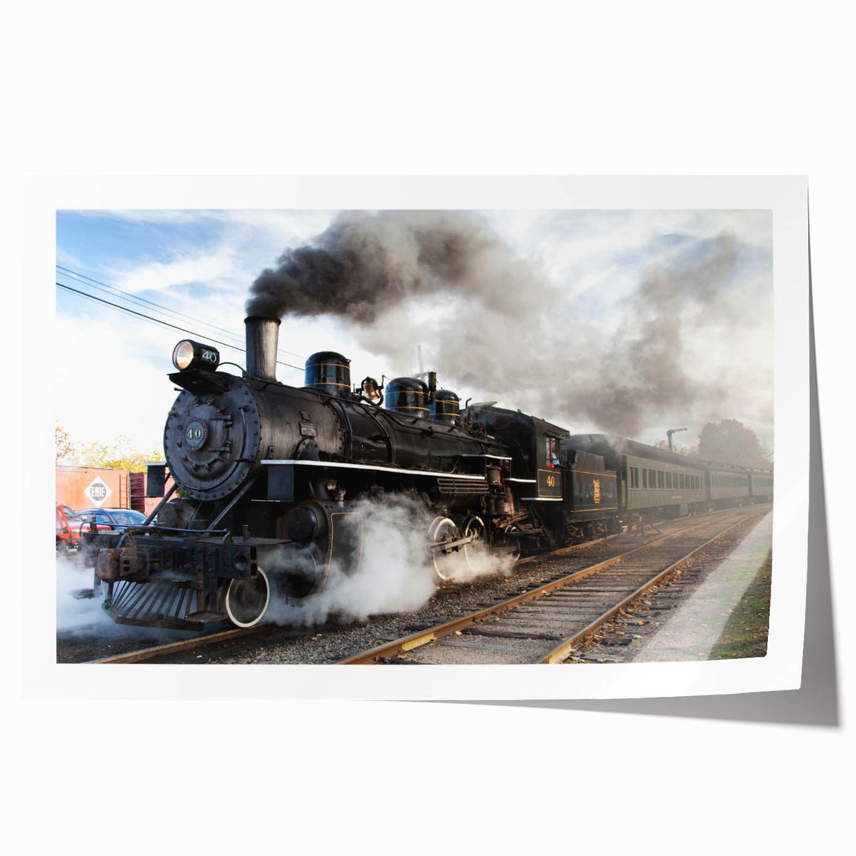 Vintage train illustration in muted earth tones on a rolled print, suitable for art wall dining room.