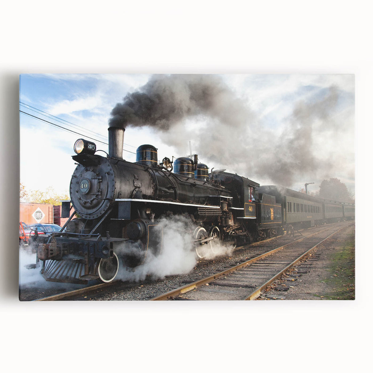 Black and white photograph of a vintage train on stretched canvas, ideal for kitchen wall art or bedroom decor.