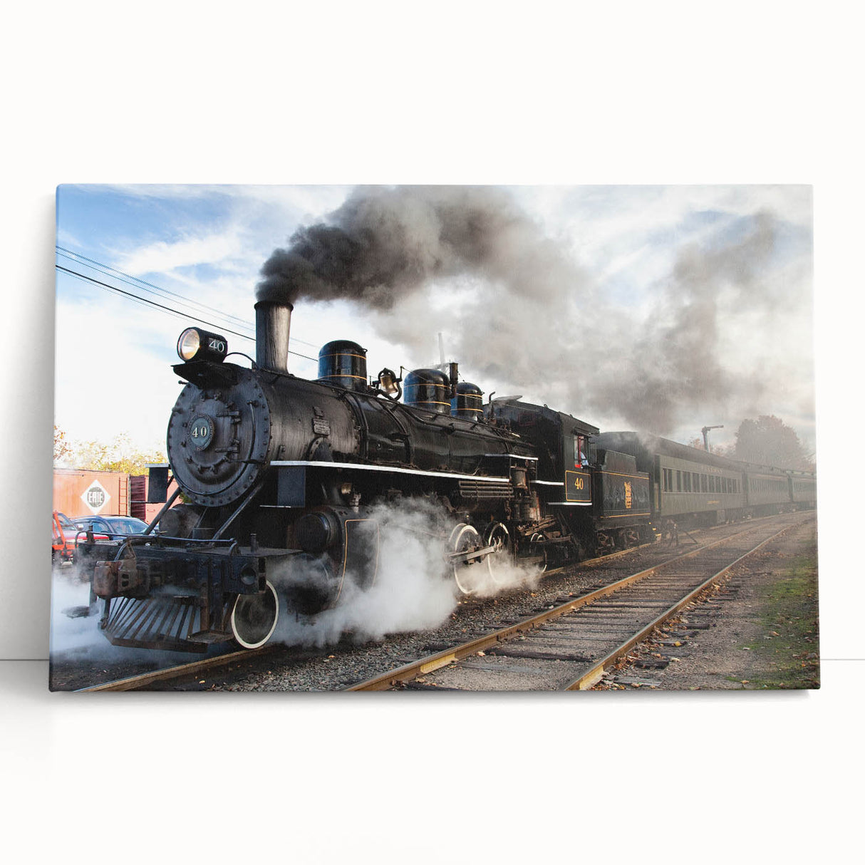 Black and white photo of a vintage train on stretched canvas, ideal for kitchen wall art.