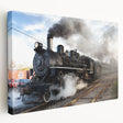 Side view of a large art print featuring a vintage train in muted earth tones on stretched canvas.