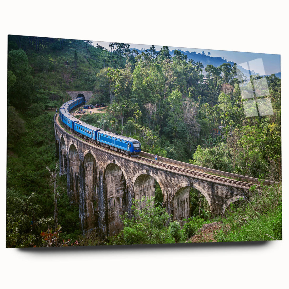 Acrylic print of a large abstract depiction of a train in muted gray and blue tones, ideal for bedroom or dining room art.