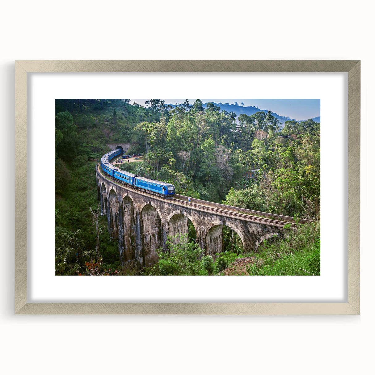 Textured abstract art print of a train in muted silver and gray tones on a framed canvas, suitable for bedroom decor.