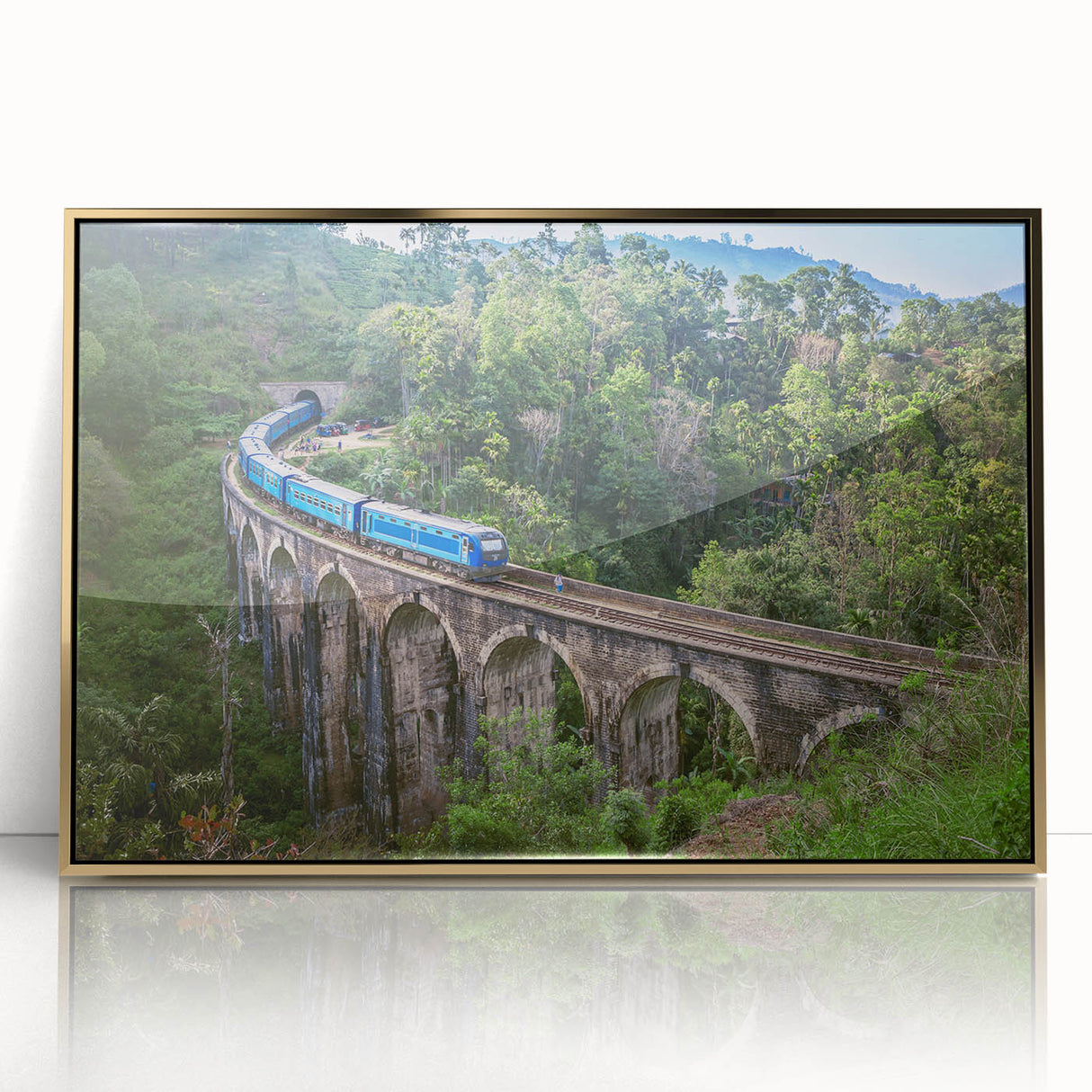 Mid-century modernist train art in muted gold and black tones on a framed acrylic, ideal for nursery wall decor.