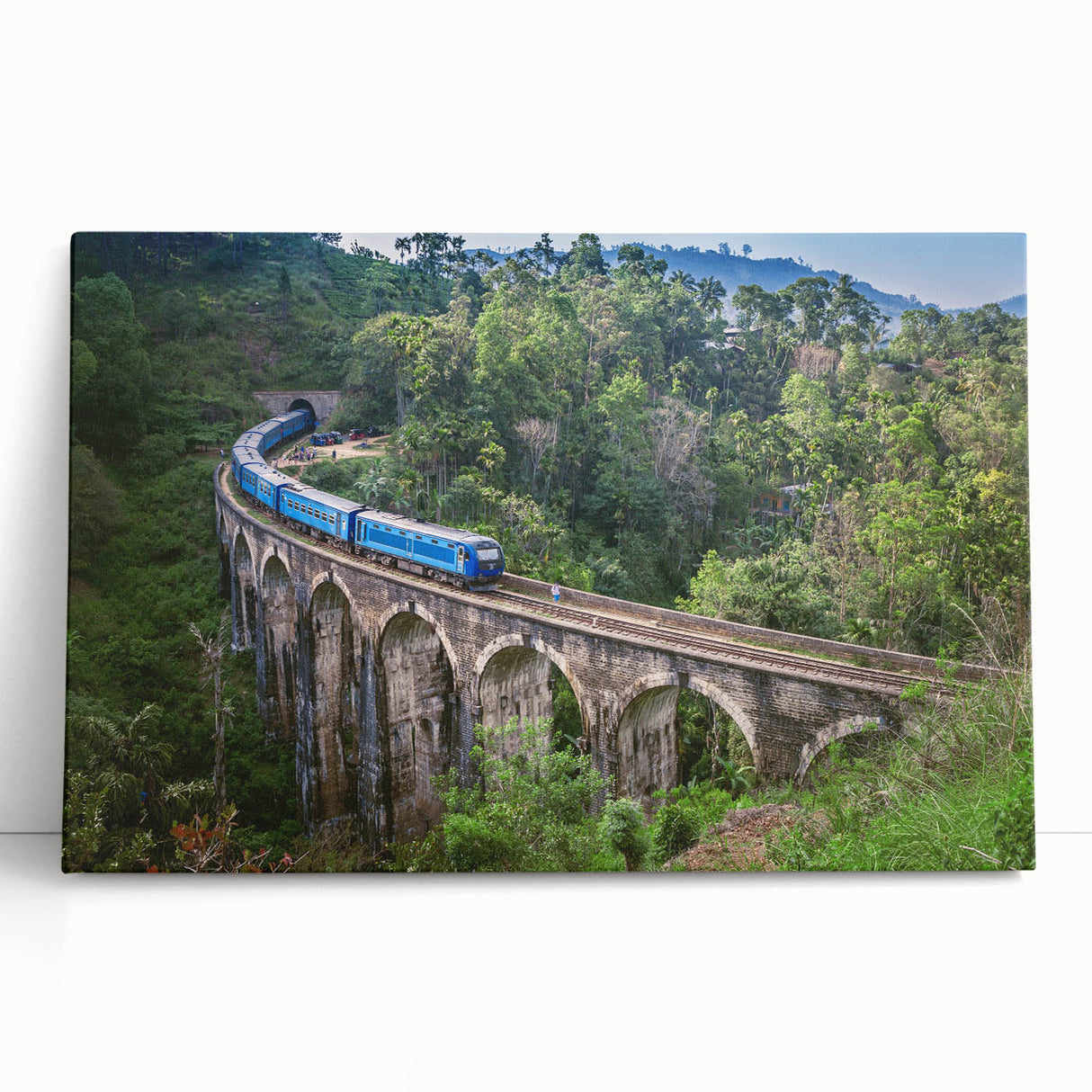 Black and white photograph of a train on stretched canvas, suited as large art for kitchen or bedroom.