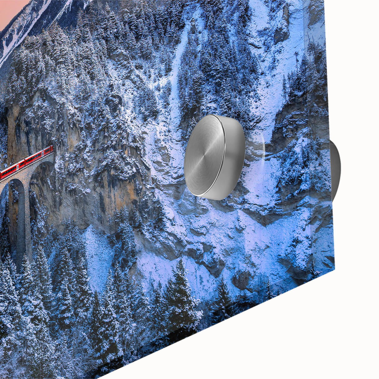 Large abstract wall art featuring a train in mid-century modernist style with vibrant hues on acrylic glass.